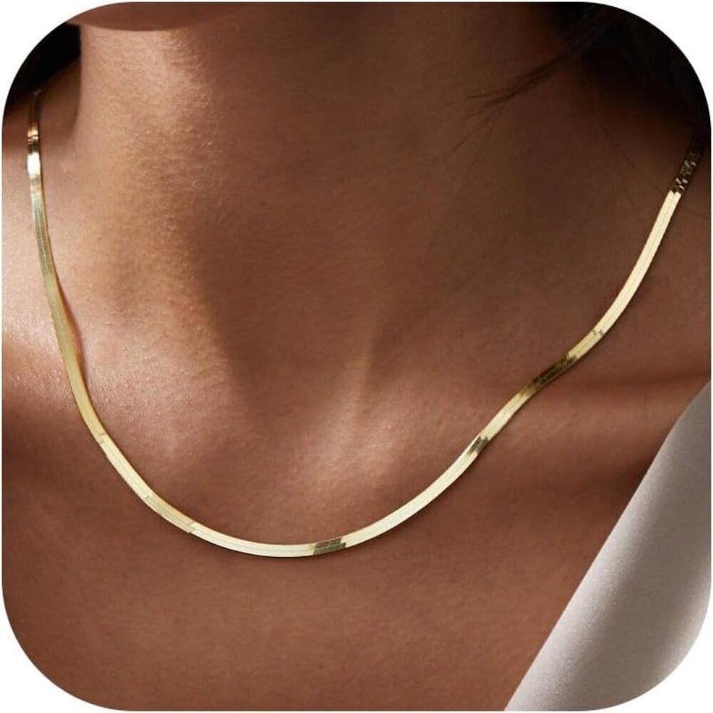 14K Gold 3mm Herringbone Necklace Plated 925 Silver Dainty Chain Necklace Choker